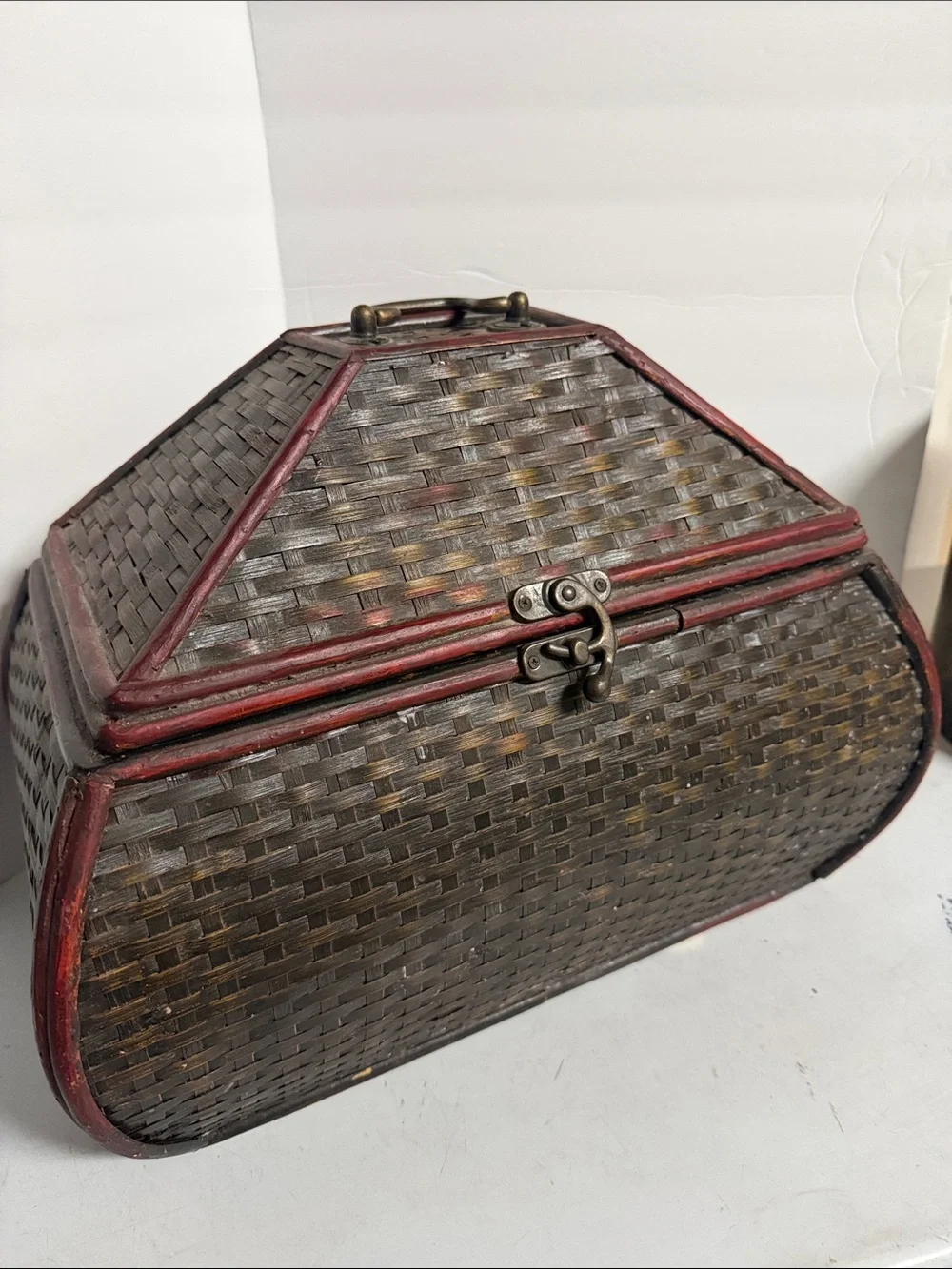 Vintage Woven Rattan basket bin storage w/ Red wood Trim